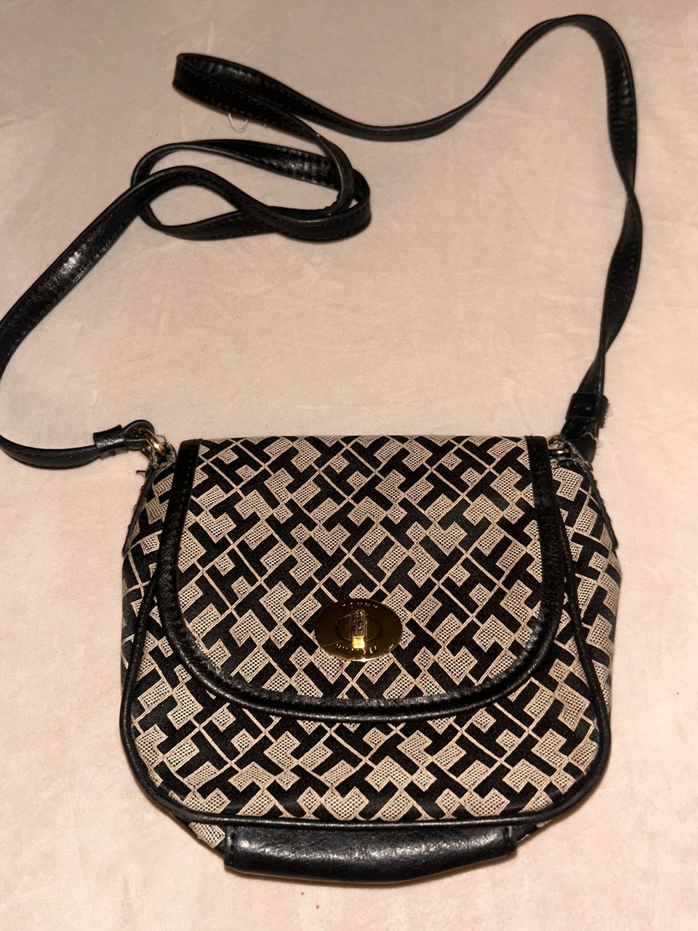 Tommy Hilfiger Black and Beige Monogram Crossbody Bag